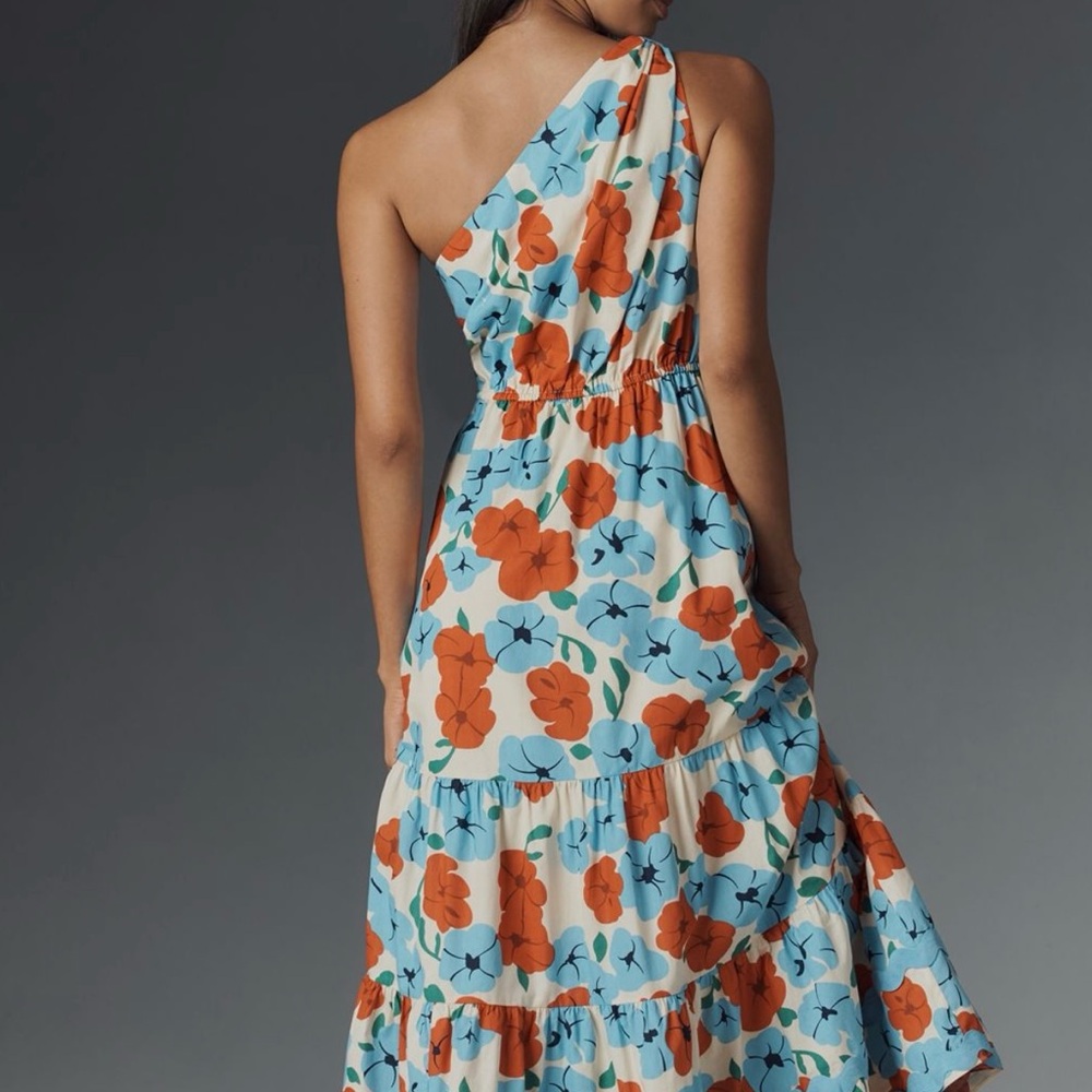 Anthology English Factory One-Shoulder Dress in Orange and Blue Floral